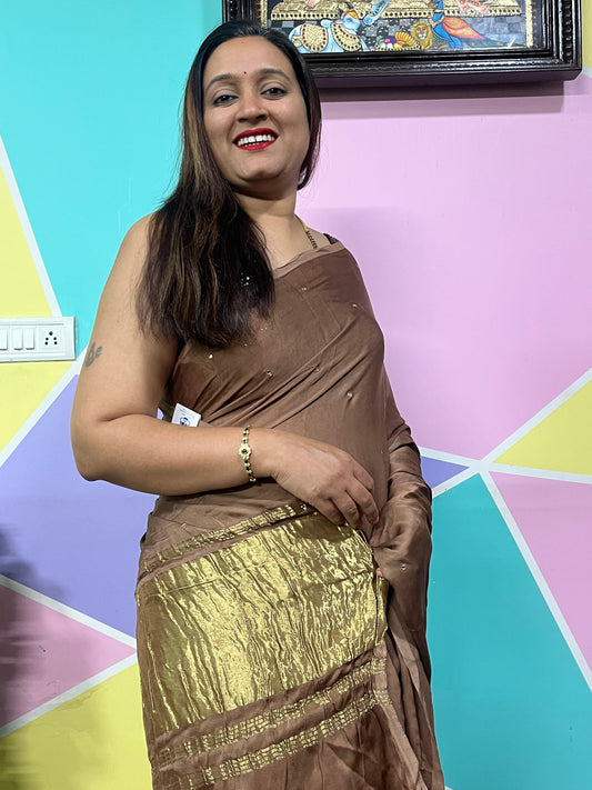 Plain Laggadi Pallu Mirror Work Saree-Chikku brown