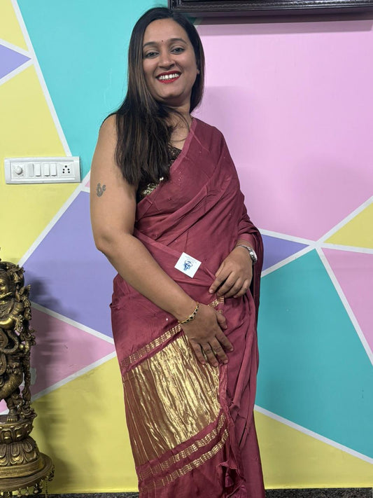 Plain Laggadi Pallu Mirror Work Saree-Brick Red