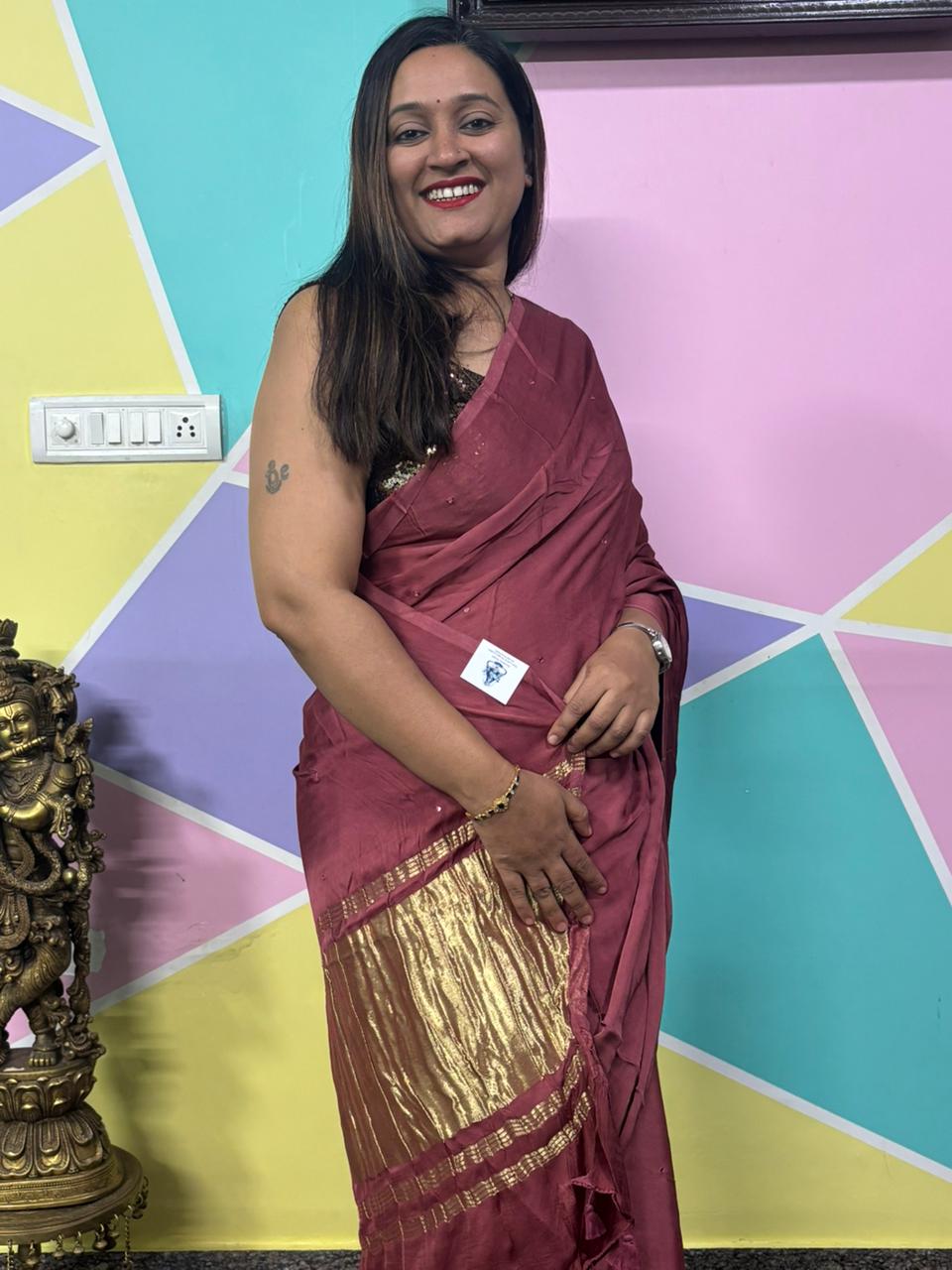 Plain Laggadi Pallu Mirror Work Saree-Brick Red