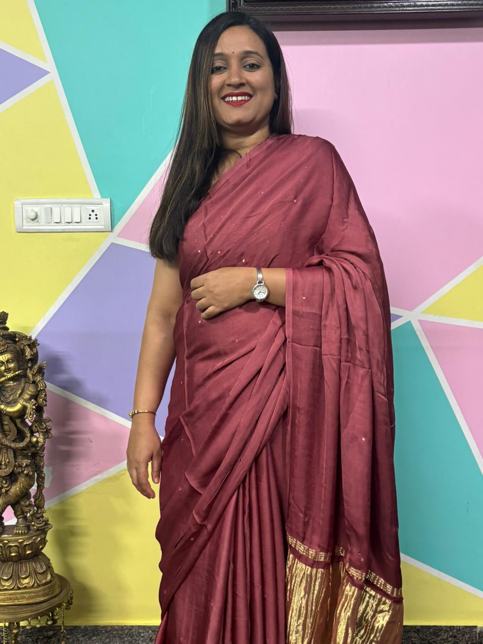 Plain Laggadi Pallu Mirror Work Saree-Brick Red