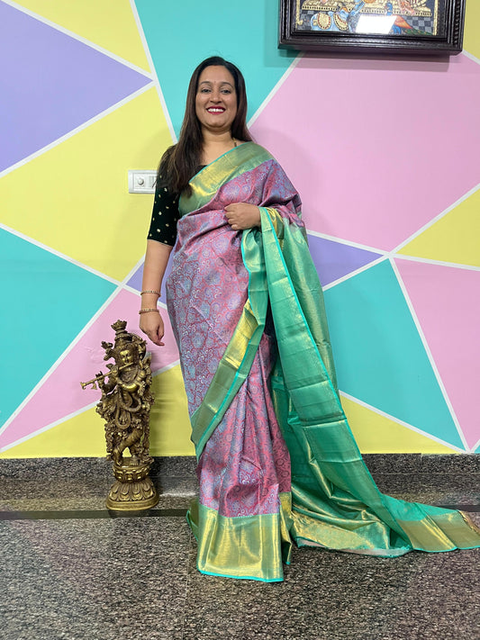 Kanchi Brocade Silk Saree – Baby Pink Body with Green Border