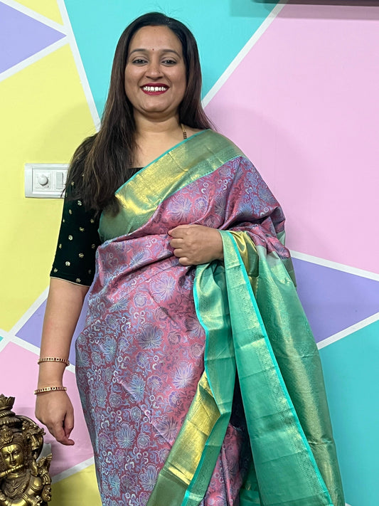 Kanchi Brocade Silk Saree – Baby Pink Body with Green Border