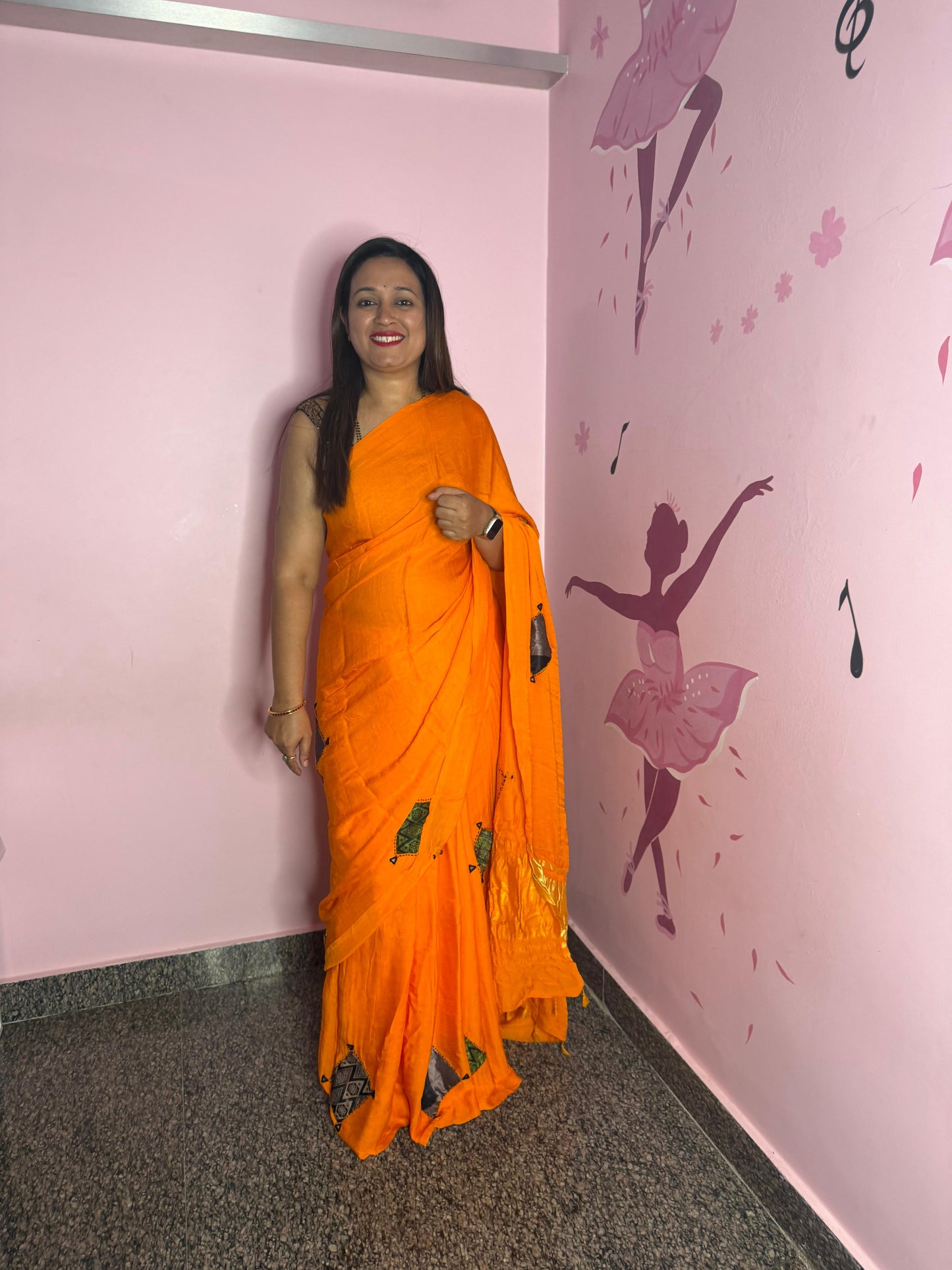 Modal Saree with Mushroo Patch – Orange