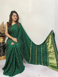 Modal Silk Single Dani Hand Tied Bandhej Saree with Tissue Pallu – Green