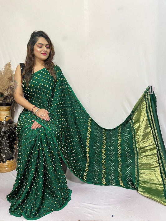 Modal Silk Single Dani Hand Tied Bandhej Saree with Tissue Pallu – Green