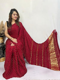 Modal Silk Single Dani Hand Tied Bandhej Saree with Tissue Pallu – Red