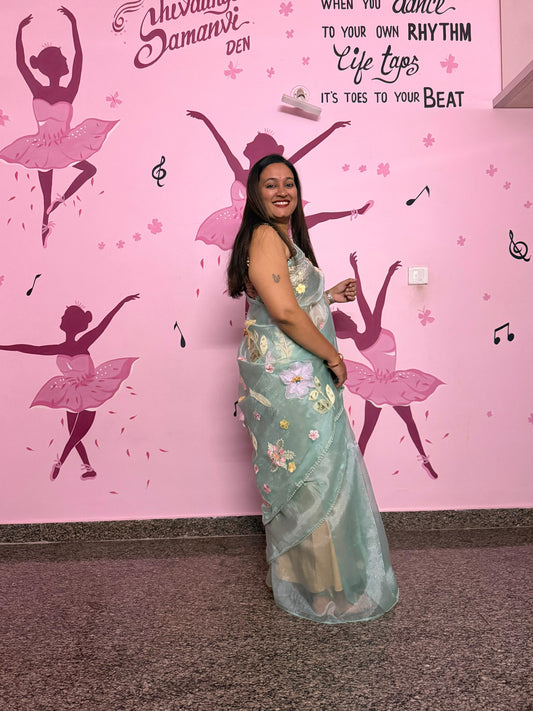 Mint Organza Saree with 3D Floral Appliqué Work