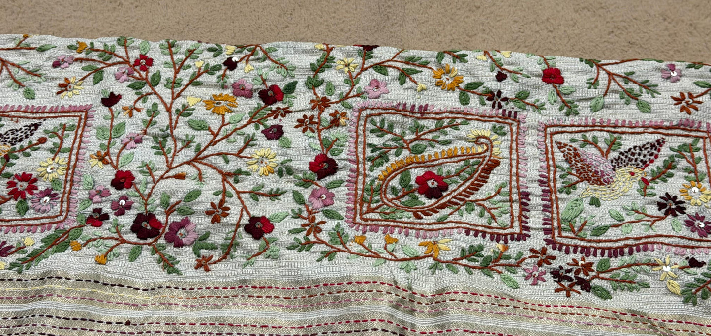 Assam Tussar Silk Saree | Kashmiri  Floral Embroidery | Beige – Daaraa Silks