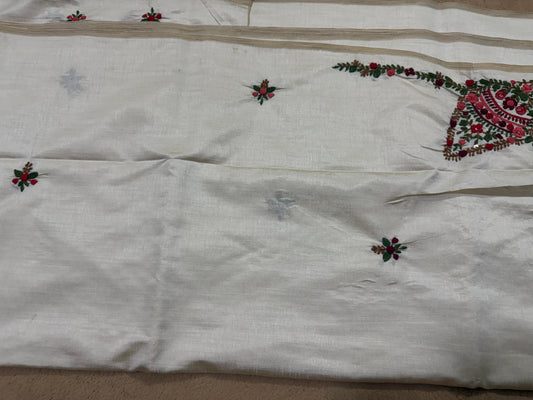 Assam Tussar Silk Saree | Kashmiri Floral Embroidery | Beige – Daaraa Silks