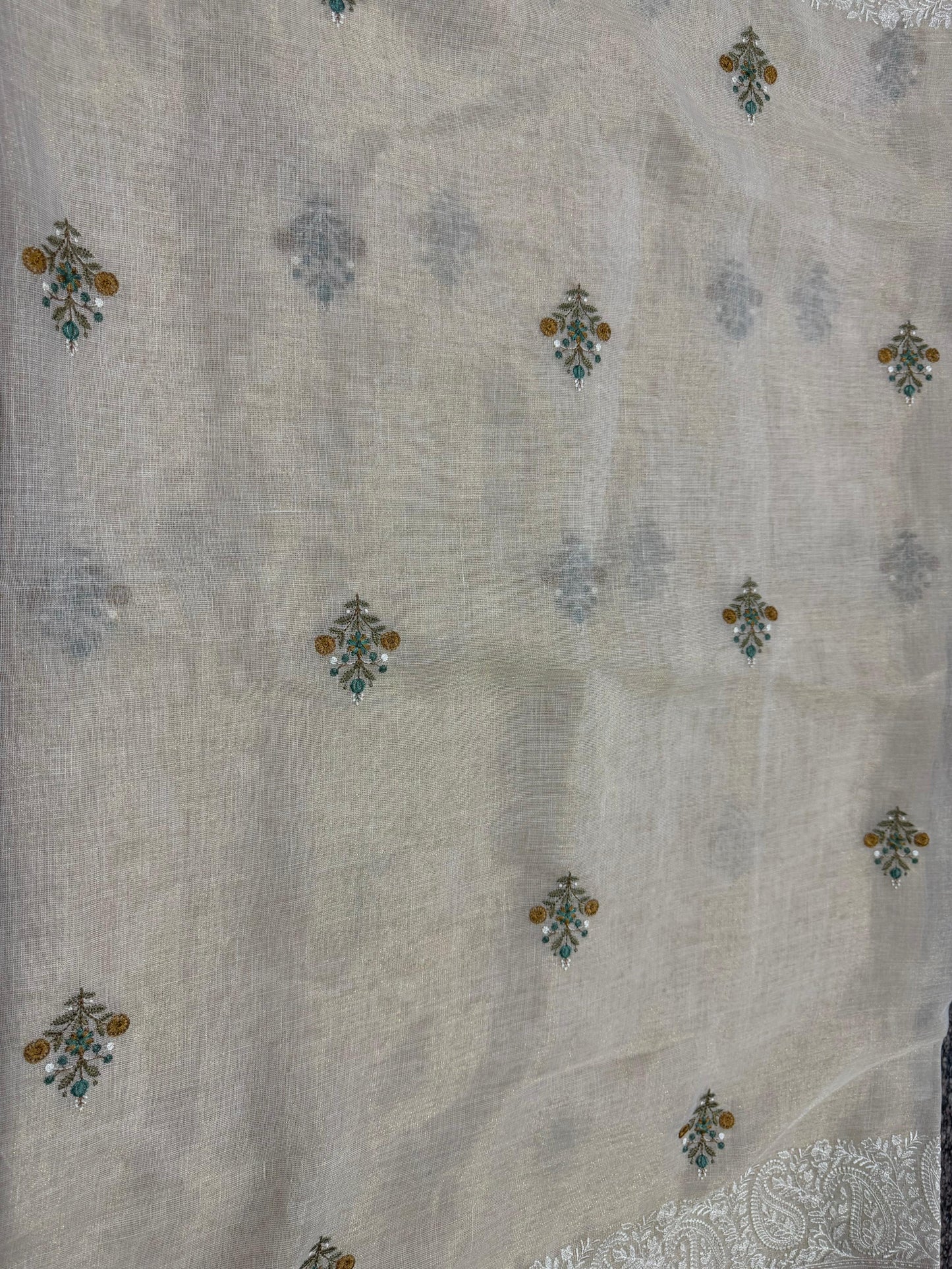 Tissue Linen Silk Saree | Natural Beige with Floral Weave