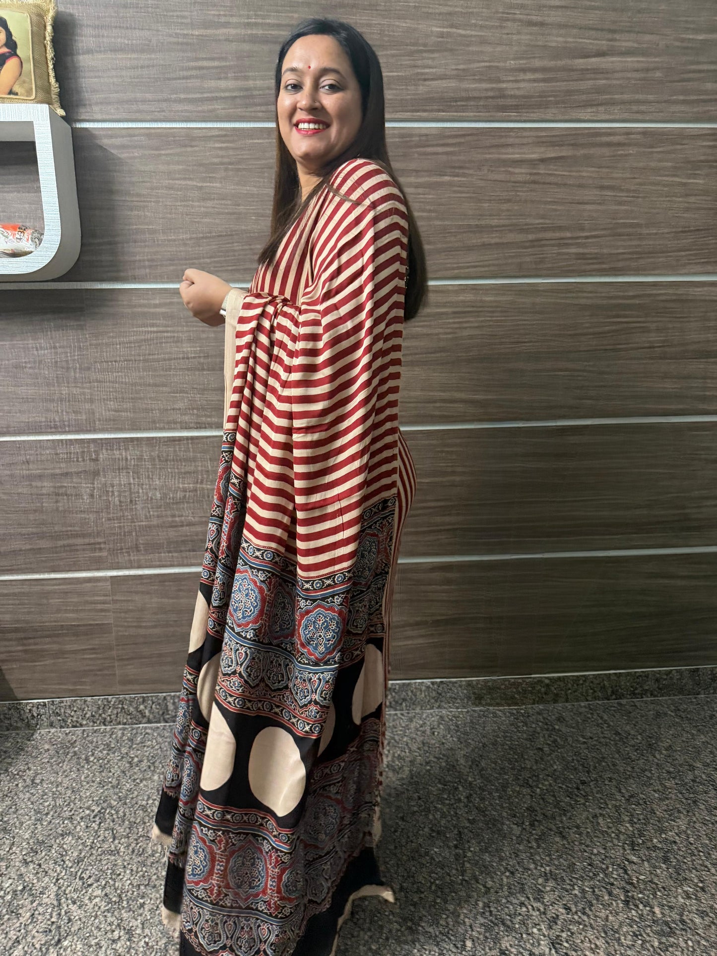 Pure Modal Ajrak Block Print Saree – White & Red Stripes