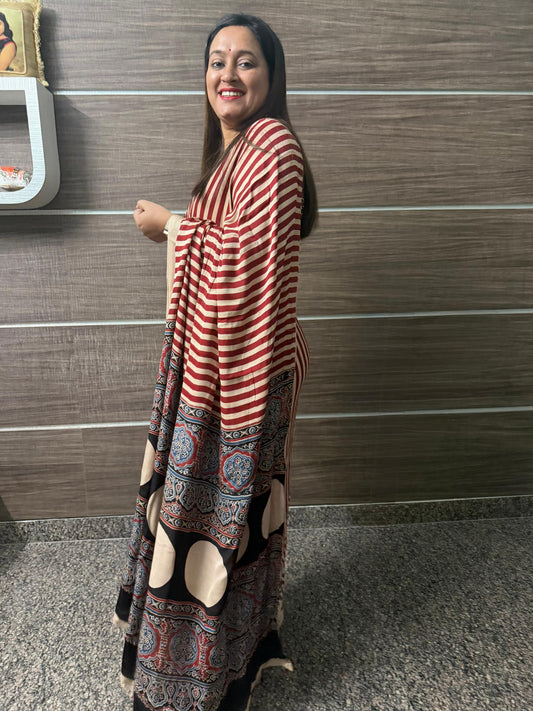 Pure Modal Ajrak Block Print Saree – White & Red Stripes
