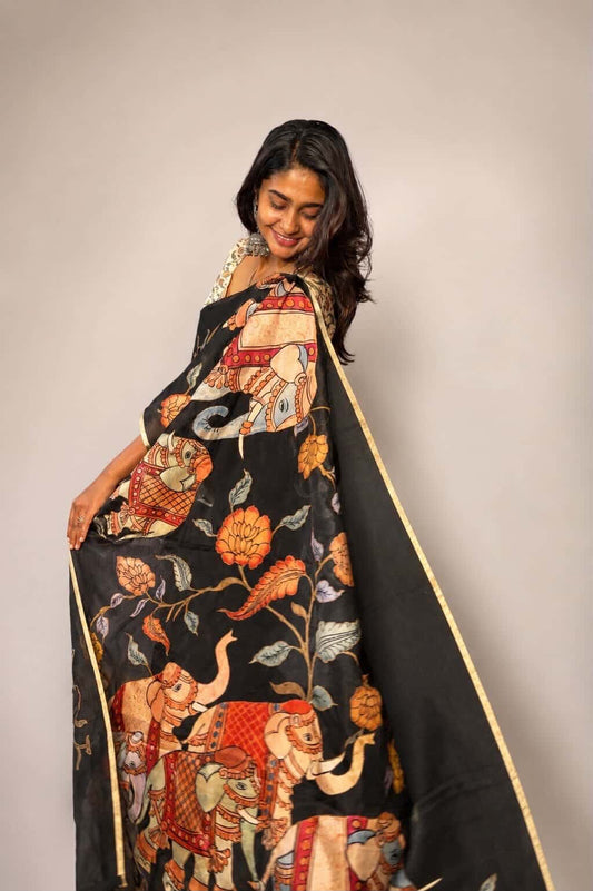 Black Kosa Doria Saree with Elephant Appliqué Work