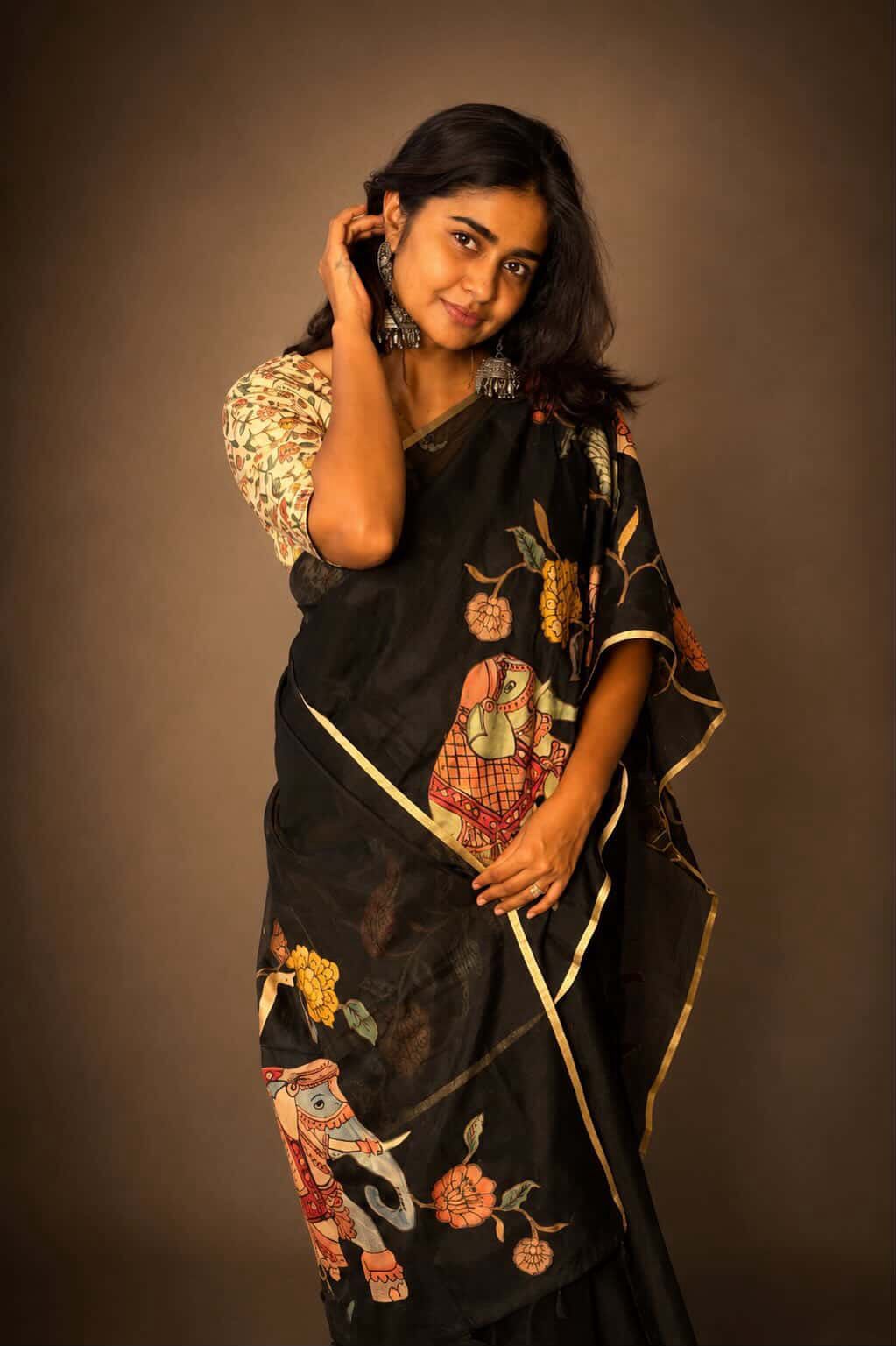Black Kosa Doria Saree with Elephant Appliqué Work