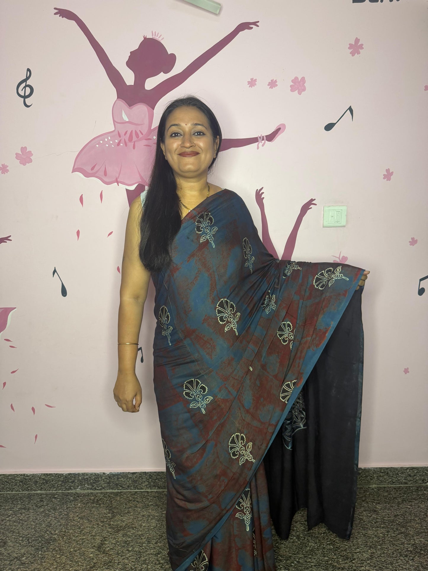 Soft Modal Ajrak Block Print Natural Dye Saree – Teal & Maroon
