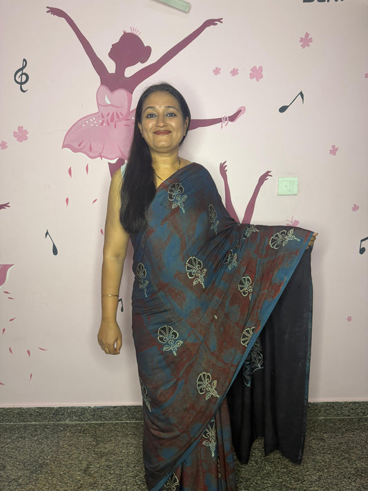 Soft Modal Ajrak Block Print Natural Dye Saree – Teal & Maroon