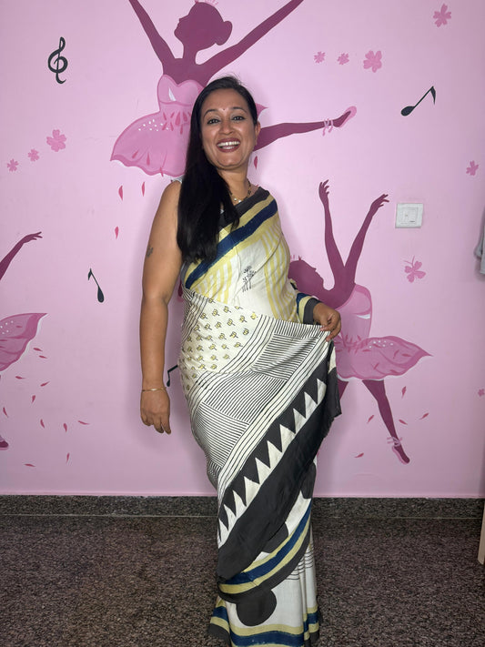 Cream Ajrak Block Print Modal Saree with Lime Stripes, Black Polka Dots & Navy Border