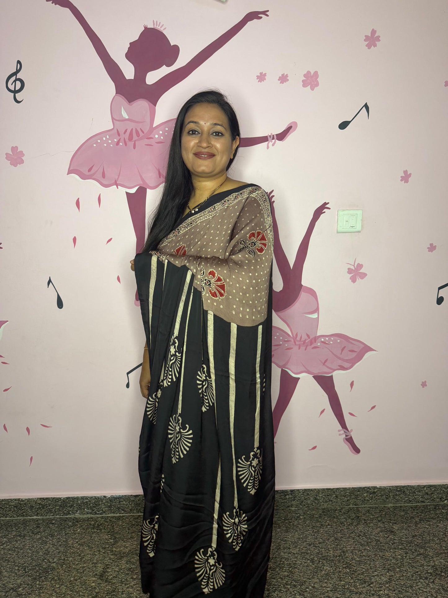 Brown Ajrak Block Print Modal Saree with Black Pallu & White Peacock Motifs