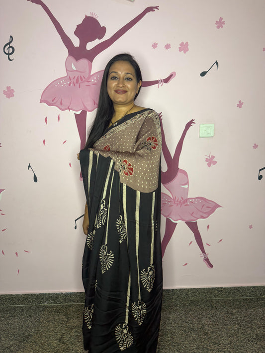 Brown Ajrak Block Print Modal Saree with Black Pallu & White Peacock Motifs