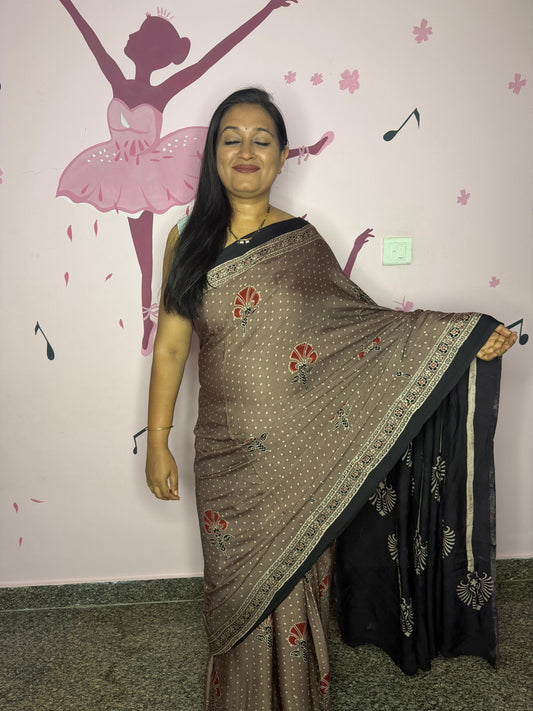 Brown Ajrak Block Print Modal Saree with Black Pallu & White Peacock Motifs
