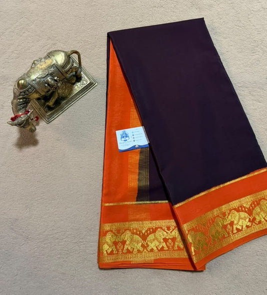 Airavatha 2D – Pure Mysore Crepe Silk Saree | Deep Aubergine Purple & Orange