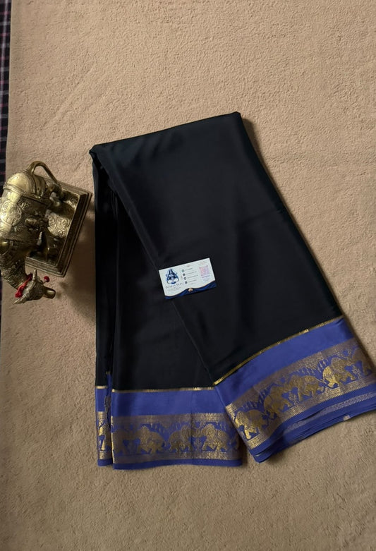 Airavatha 2D – Pure Mysore Crepe Silk Saree | Black & Blue
