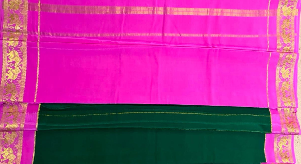 Airavatha 2D – Pure Mysore Crepe Silk Saree | Green & Pink