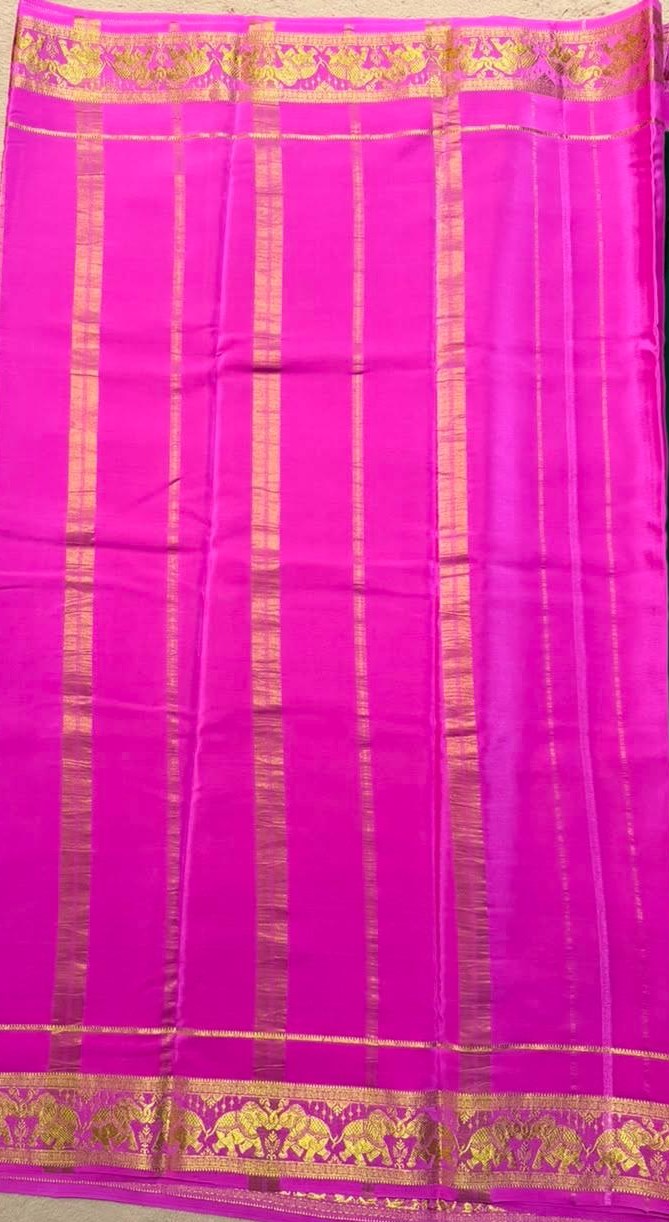 Airavatha 2D – Pure Mysore Crepe Silk Saree | Green & Pink