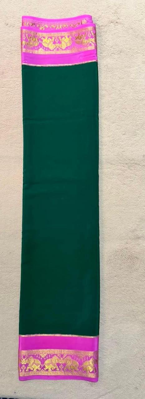 Airavatha 2D – Pure Mysore Crepe Silk Saree | Green & Pink