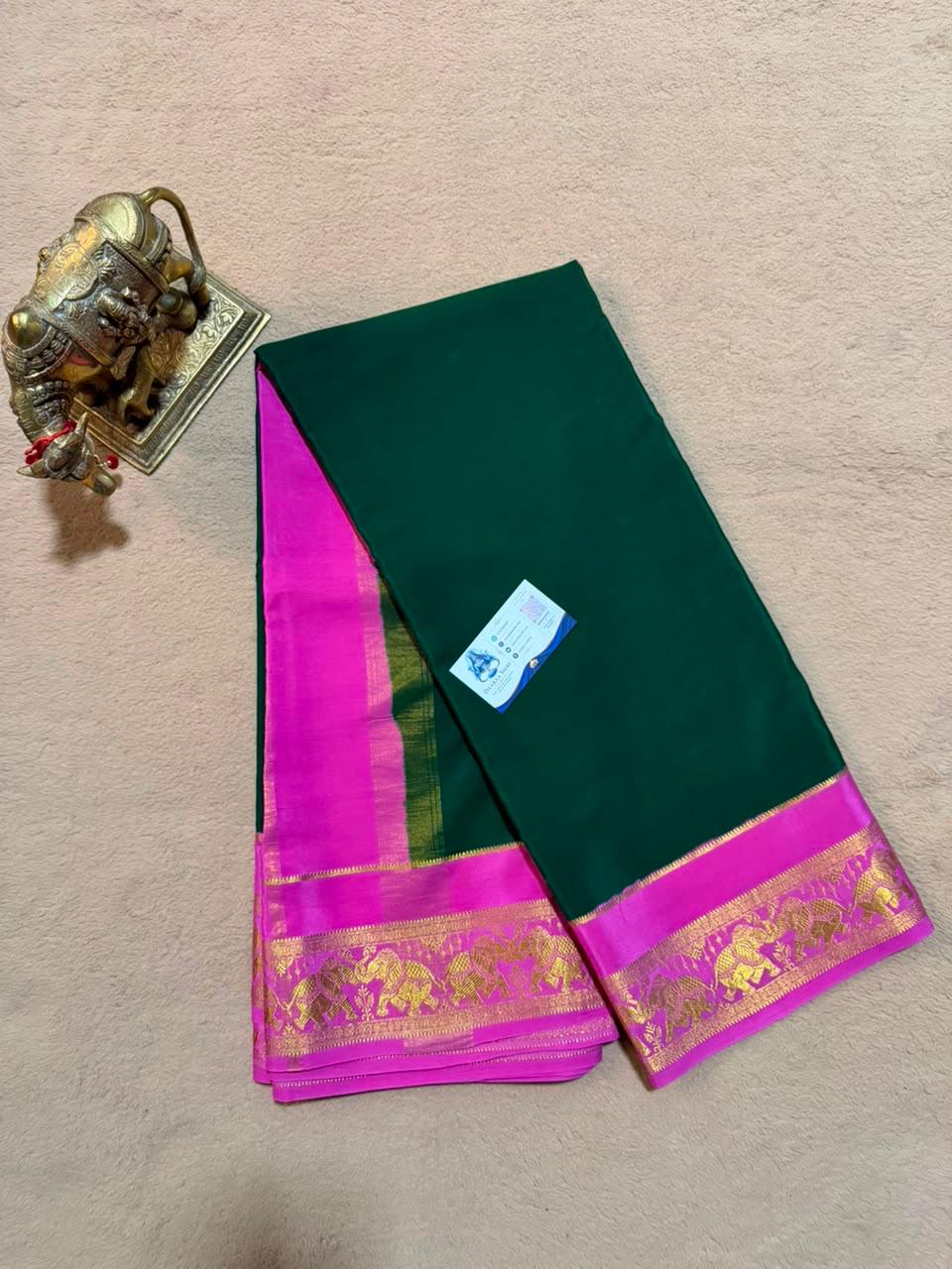 Airavatha 2D – Pure Mysore Crepe Silk Saree | Green & Pink