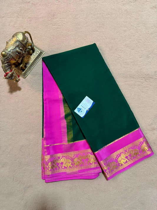Airavatha 2D – Pure Mysore Crepe Silk Saree | Green & Pink