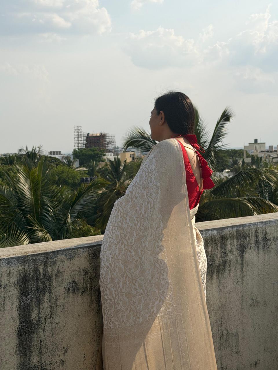Semi Banarasi Half White Georgette Saree
