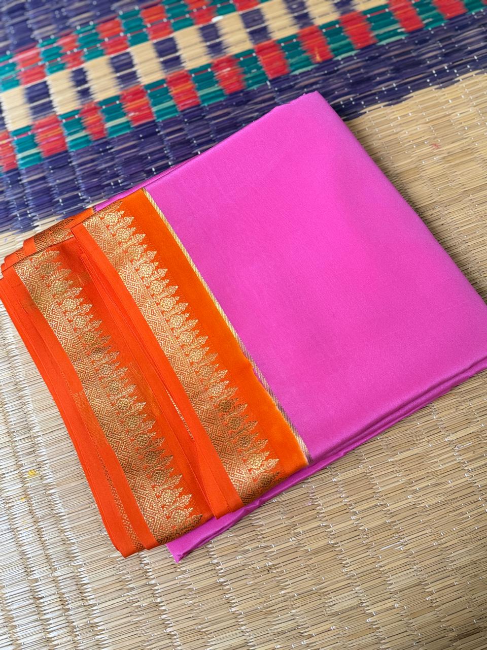 Chandrika 2D – Pure Mysore Crepe Silk Saree | Baby Pink with Rust Orange Border