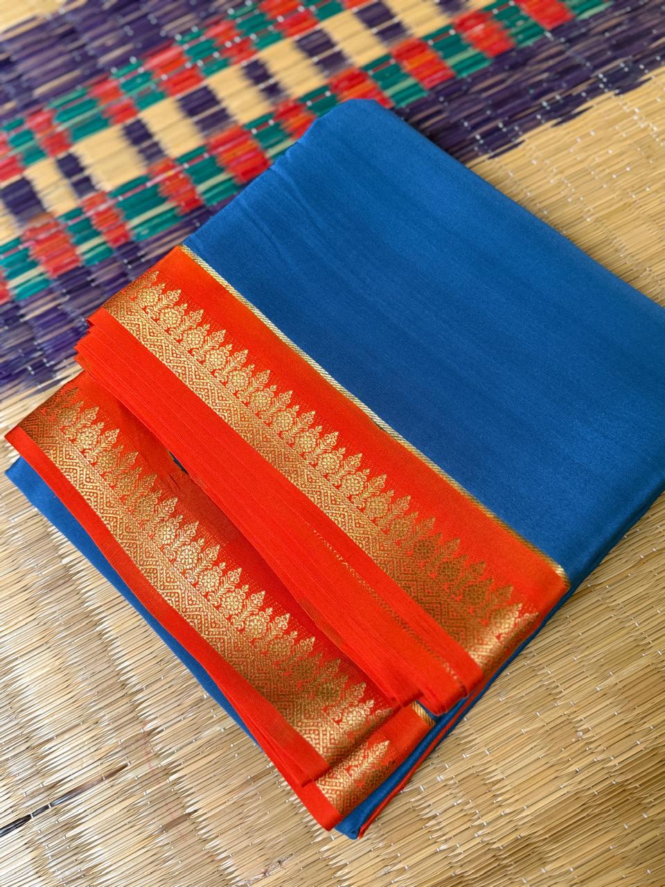 Chandrika 2D – Pure Mysore Crepe Silk Saree | Grey with Rust Orange Border