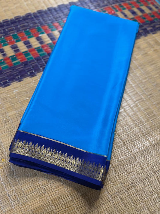 Chandrika 2D – Pure Mysore Crepe Silk Saree | Ananda Blue with Navy Blue Border