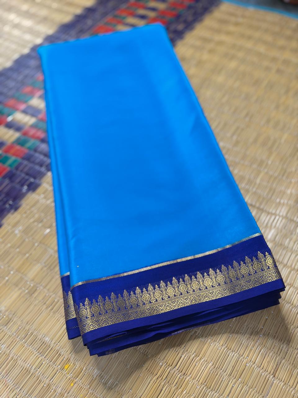 Chandrika 2D – Pure Mysore Crepe Silk Saree | Ananda Blue with Navy Blue Border