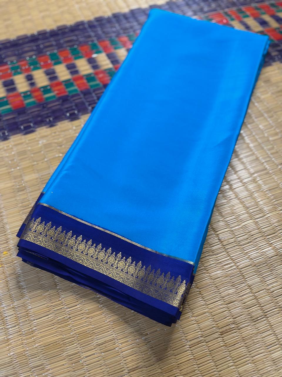 Chandrika 2D – Pure Mysore Crepe Silk Saree | Ananda Blue with Navy Blue Border