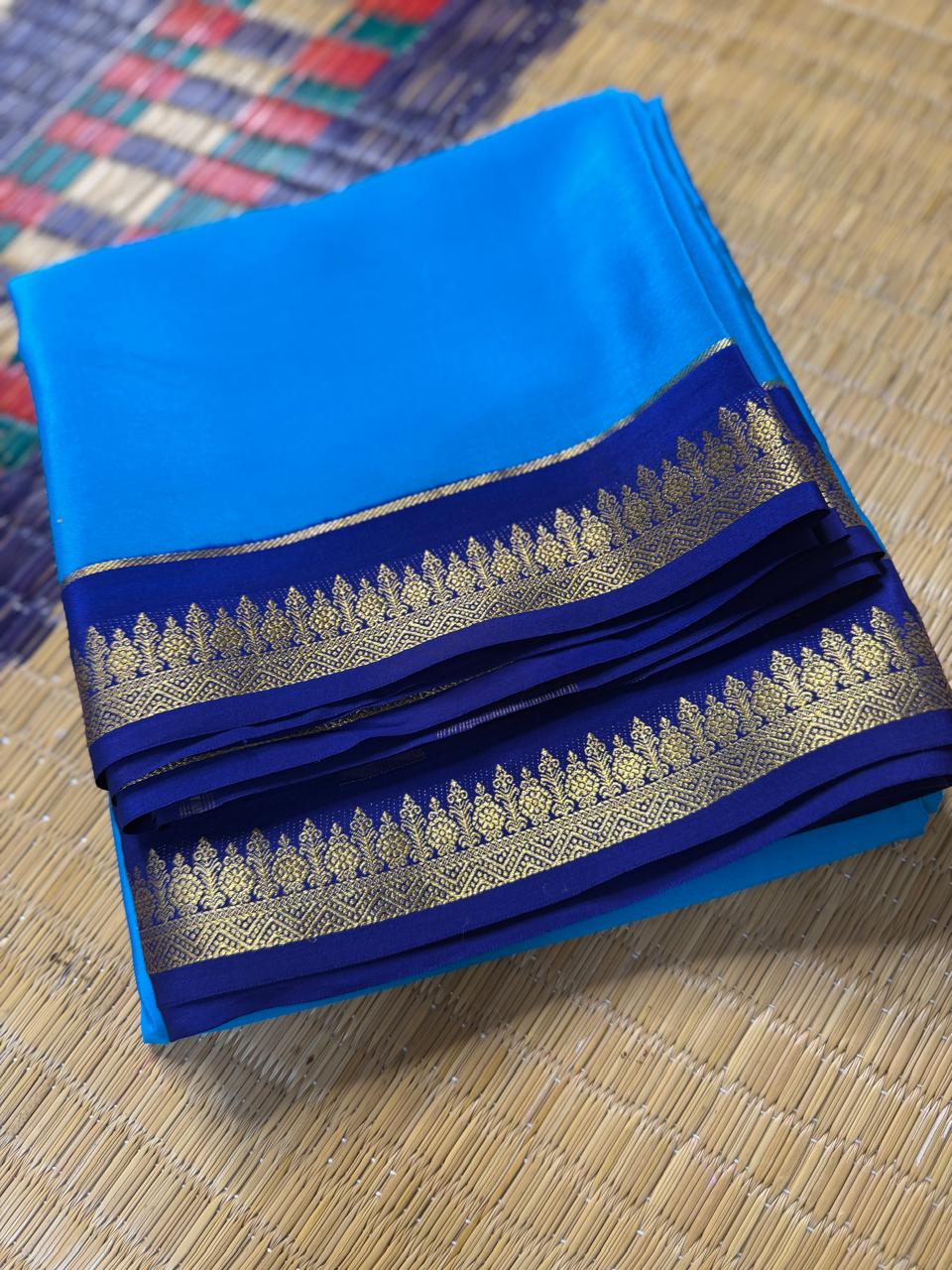 Chandrika 2D – Pure Mysore Crepe Silk Saree | Ananda Blue with Navy Blue Border