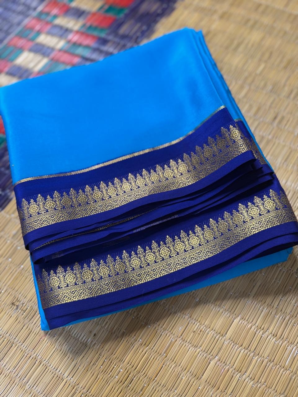 Chandrika 2D – Pure Mysore Crepe Silk Saree | Ananda Blue with Navy Blue Border