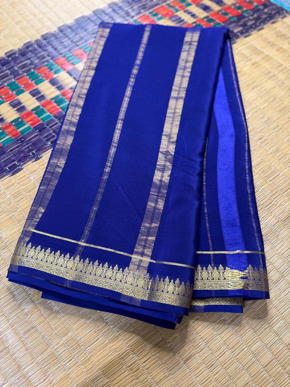 Chandrika 2D – Pure Mysore Crepe Silk Saree | Ananda Blue with Navy Blue Border