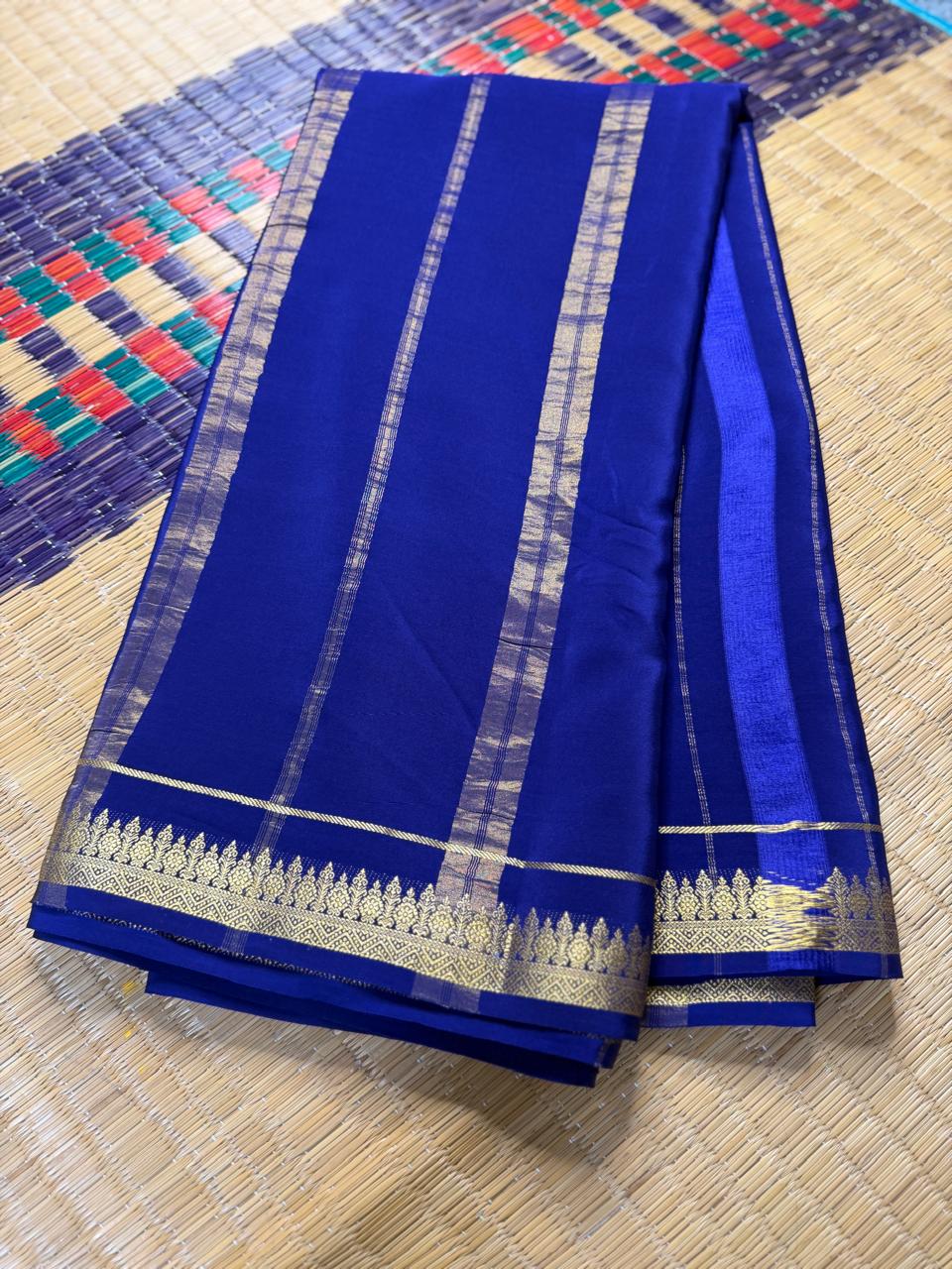 Chandrika 2D – Pure Mysore Crepe Silk Saree | Ananda Blue with Navy Blue Border