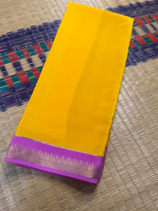 Chandrika 2D – Pure Mysore Crepe Silk Saree | Yellow with Lavender Border