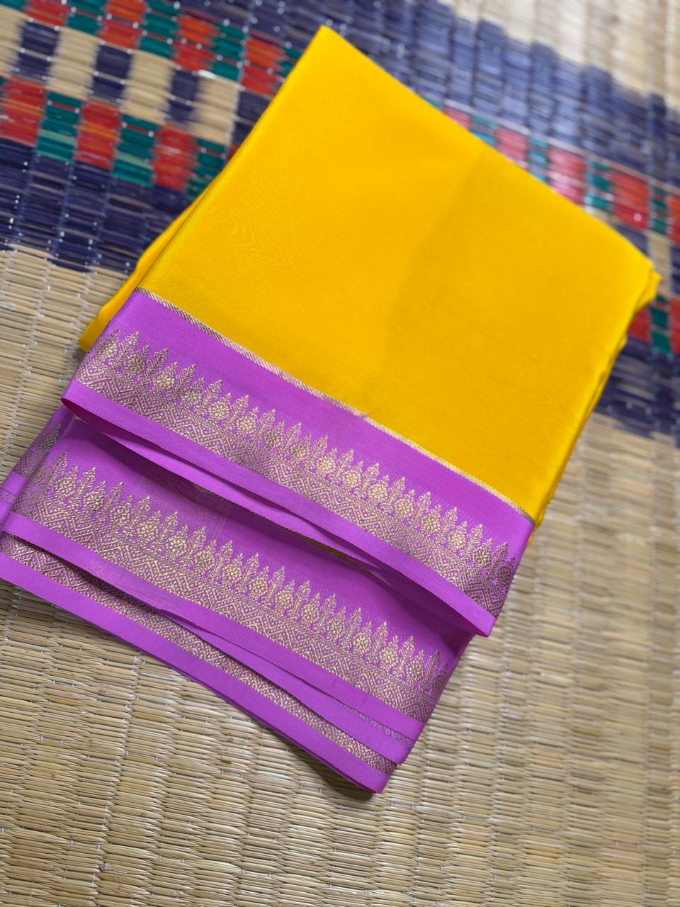 Chandrika 2D – Pure Mysore Crepe Silk Saree | Yellow with Lavender Border