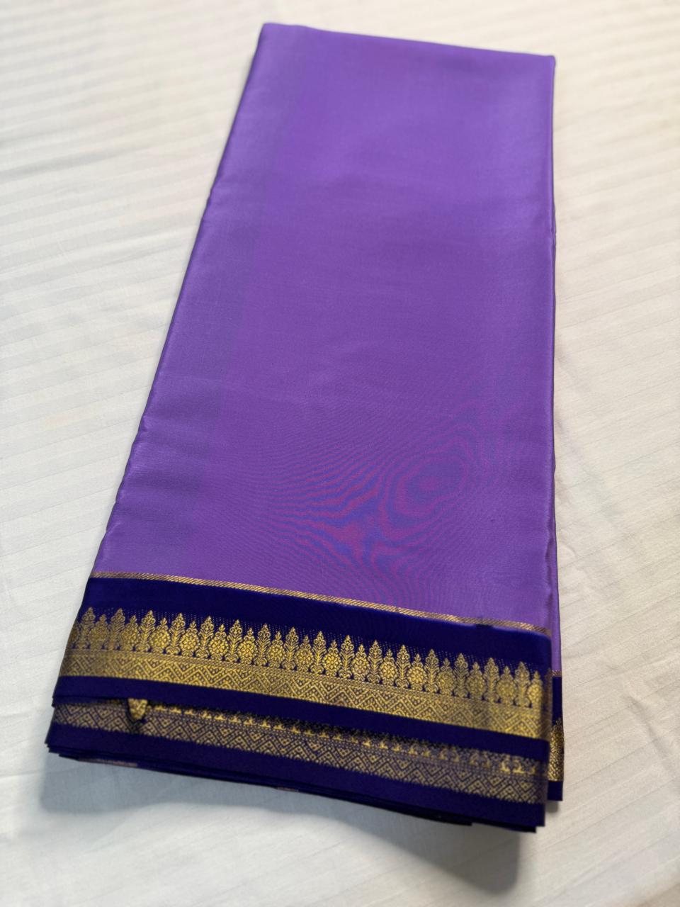 Chandrika 2D – Pure Mysore Crepe Silk Saree | Lavender with Navy Blue Border