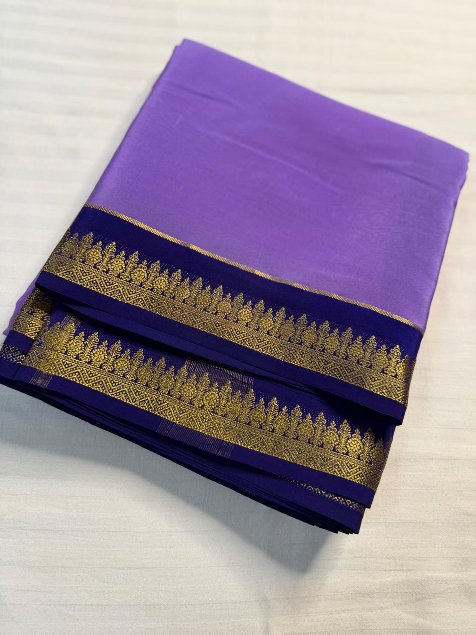 Chandrika 2D – Pure Mysore Crepe Silk Saree | Lavender with Navy Blue Border