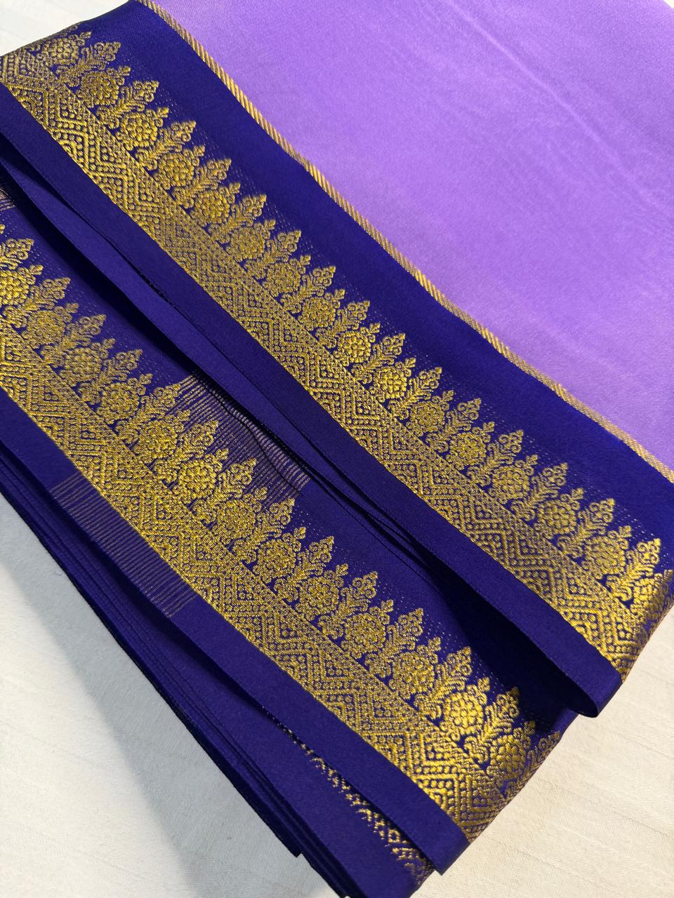 Chandrika 2D – Pure Mysore Crepe Silk Saree | Lavender with Navy Blue Border