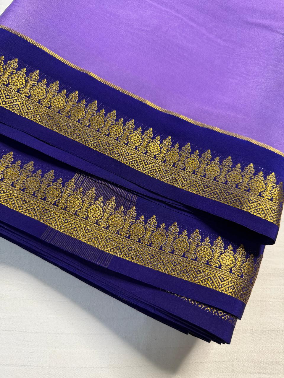 Chandrika 2D – Pure Mysore Crepe Silk Saree | Lavender with Navy Blue Border