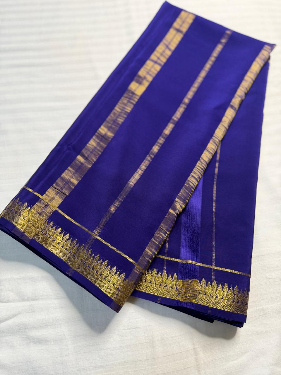 Chandrika 2D – Pure Mysore Crepe Silk Saree | Lavender with Navy Blue Border