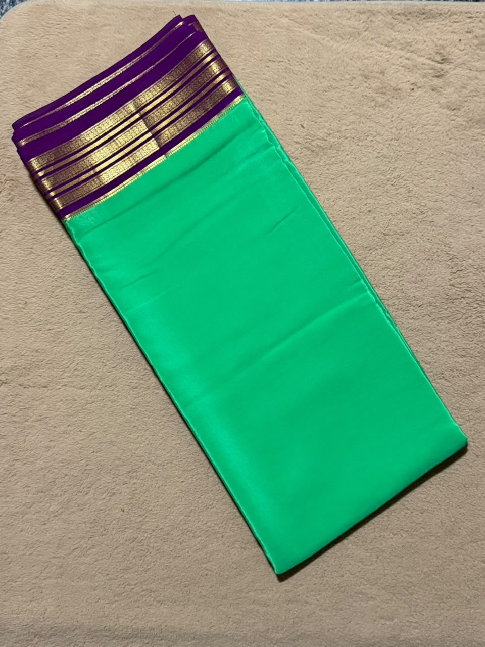 Barfi 2D – Pure Mysore Crepe Silk Saree | Sea Green with Dark Pink Border