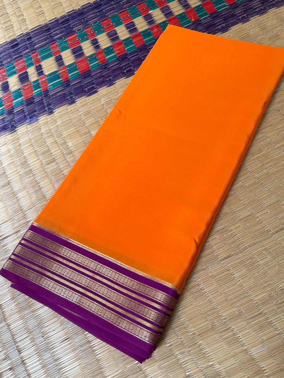 Barfi 2D – Pure Mysore Crepe Silk Saree | Orange with Dark Pink Border